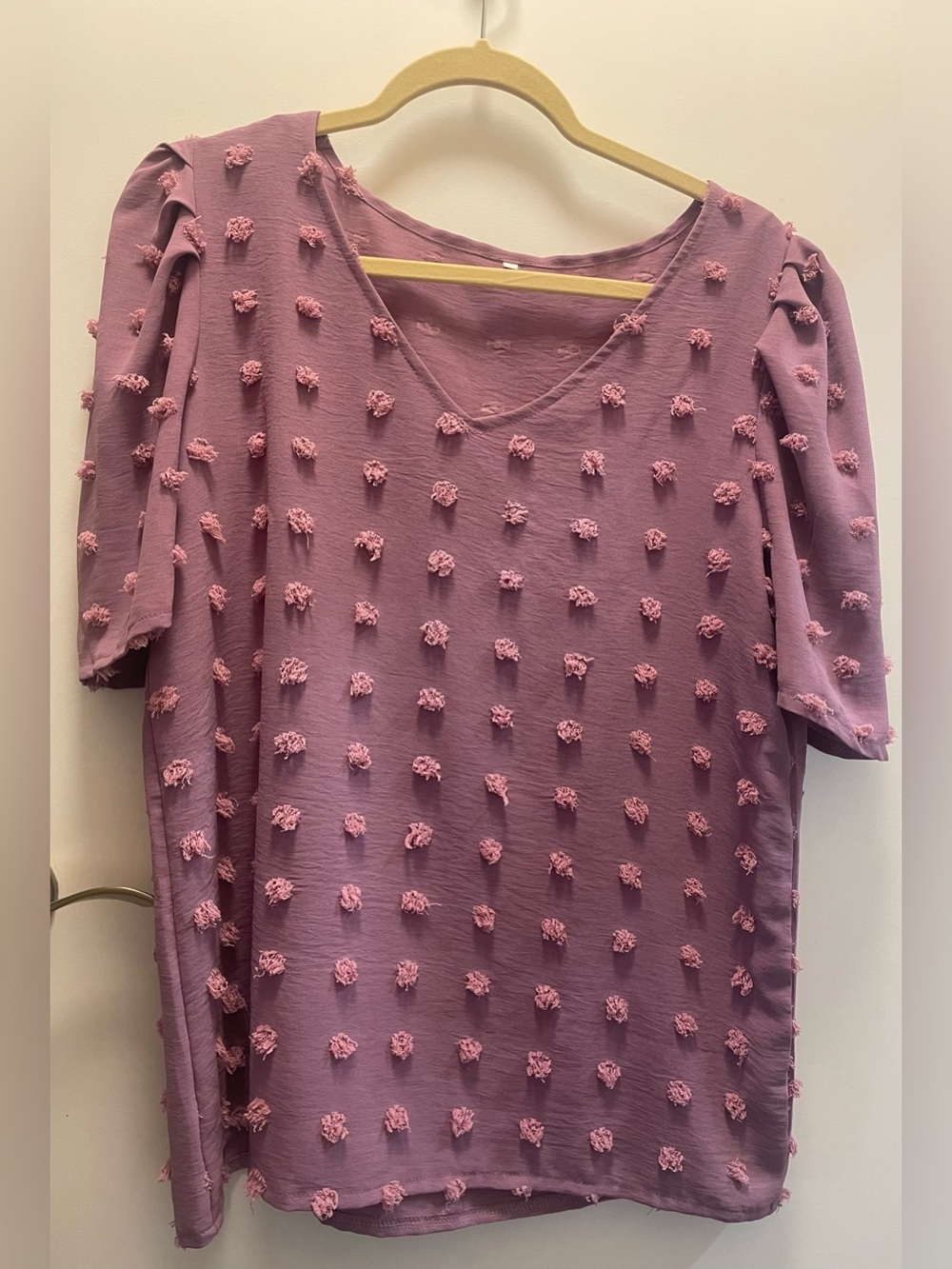 Mauve/Purple Tufted Pom Pom Textured Blouse Short Sleeve [Medium]